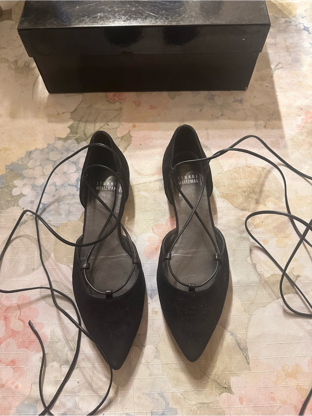 Stuart Weitzman Black Pointed Lace-Up Flats